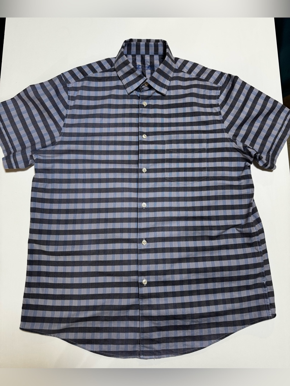 Tasso Elba Blue Check Short-Sleeve Button-Down Cotton Shirt, L